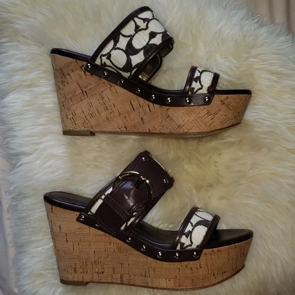 Coach Platform Wedge Open Toe Slide Sandals Brown Tan 6 - Picture 10 of 10